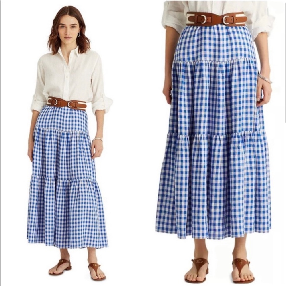 Ralph Lauren Gingham Plaid Tiered Linen Maxi Skirt Womens Blue White Linen - Picture 4 of 8